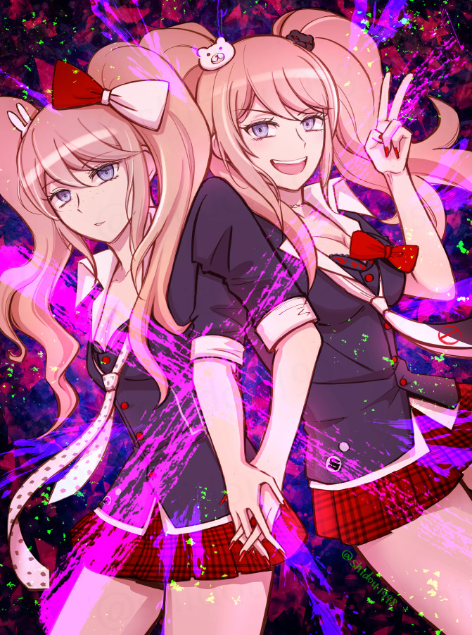 2girls, :d, bear_hair_ornament, black_shirt, blonde_hair, bow, collar, collared_shirt