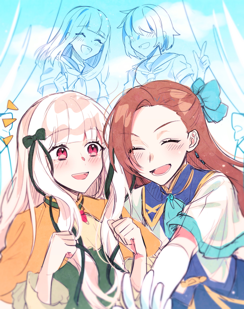 4girls, ascot, blue_ascot, blue_background, blunt_bangs, blush, brown_hair, closed_eyes