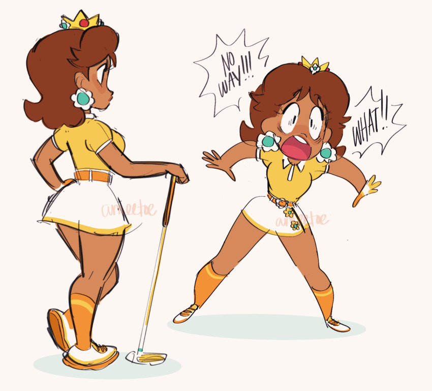 1girl, amie_sanchez, artist_name, ass, belt, brown_hair, commentary, contrast_collar