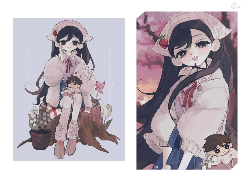 1girl, :d, asymmetrical_legwear, bag, black_eyes, black_hair, blue_skirt, blush