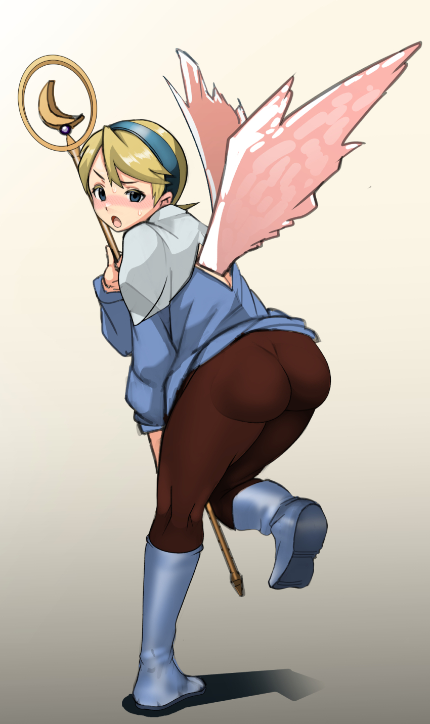 1girl, angel_wings, ass, blonde_hair, blue_boots, blue_eyes, blush, blush_stickers