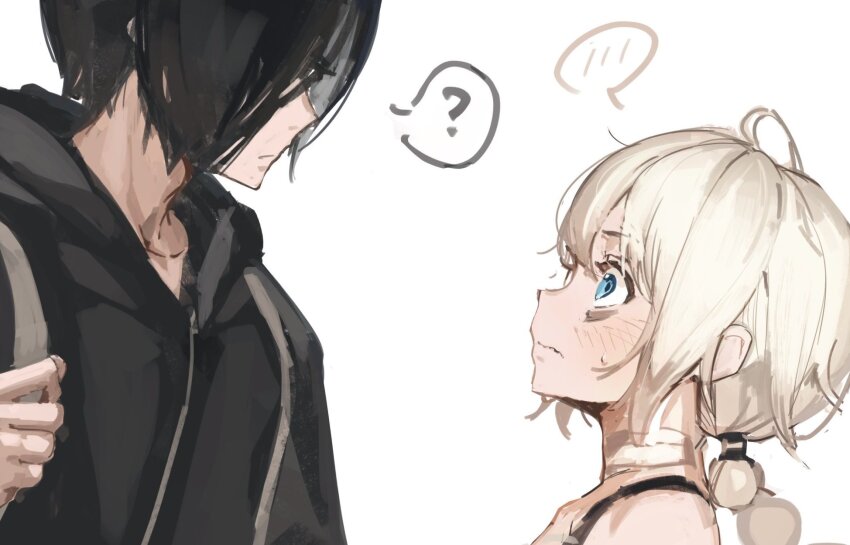 1boy, 1girl, ?, black_hair, black_hoodie, blonde_hair, blue_eyes, blush