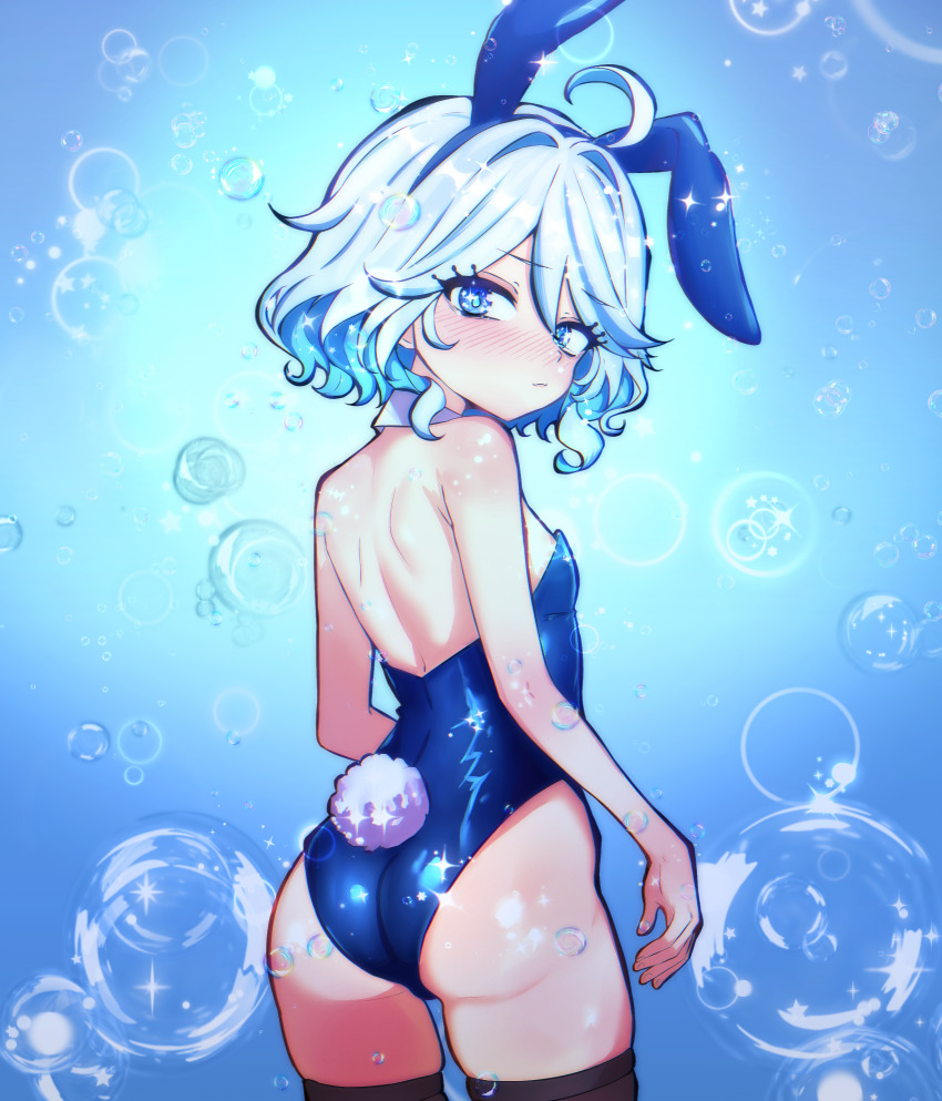 1girl, absurdres, age_difference, alternate_costume, animal_ears, ass, blue_eyes, blue_leotard