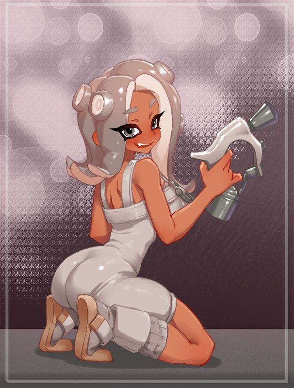 1girl, agent_8_(splatoon), bare_arms, bare_shoulders, bodysuit, eyelashes, full_body, grey_hair