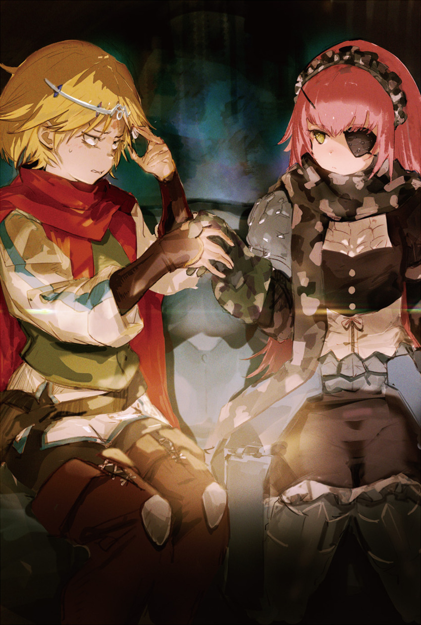 2girls, armor, bad_link, bad_reddit_link, bags_under_eyes, belt, biting_own_lip, blonde_hair, boots, camouflage_hairband, camouflage_scarf, circlet, cropped_legs, cz2128_delta, dark_background, dress, eyepatch, green_eyes, hand_up, highres, holding_hands, long_hair, looking_at_another, maid_headdress, multiple_girls, neia_baraja, night, official_art, overlord_(maruyama), parted_bangs, pauldrons, pink_hair, sanpaku, shirt, short_hair, shoulder_armor, single_pauldron, sitting, so-bin, thigh_boots, white_shirt, wrist_guards