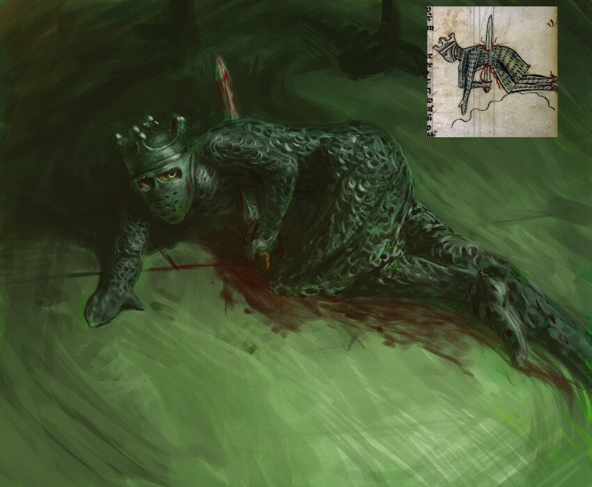 1boy, armor, chainmail, crawling, full_armor, helmet, highres, kneeling, knight, looking_at_viewer, lying, male_focus, olliemnjones, on_floor, original, reference_inset, solo, stab, sword, weapon