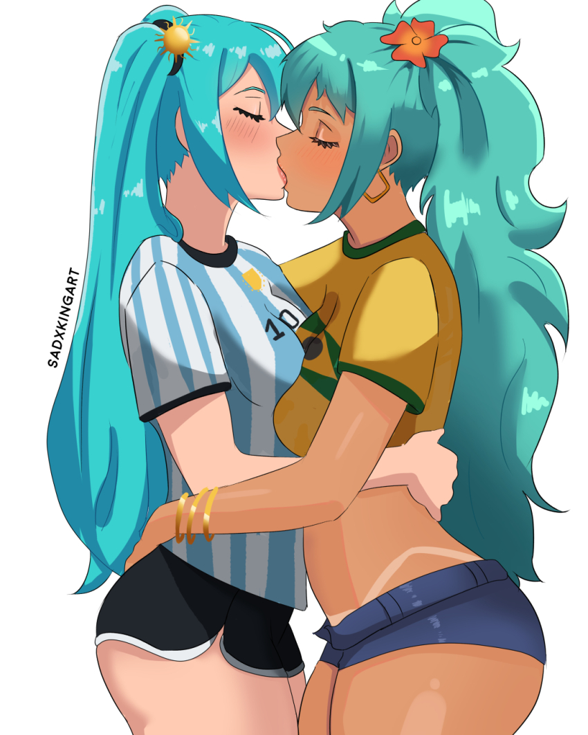 2girls, argentinian_miku, ass, blue_hair, bracelet, brazilian_flag, brazilian_miku, from_side
