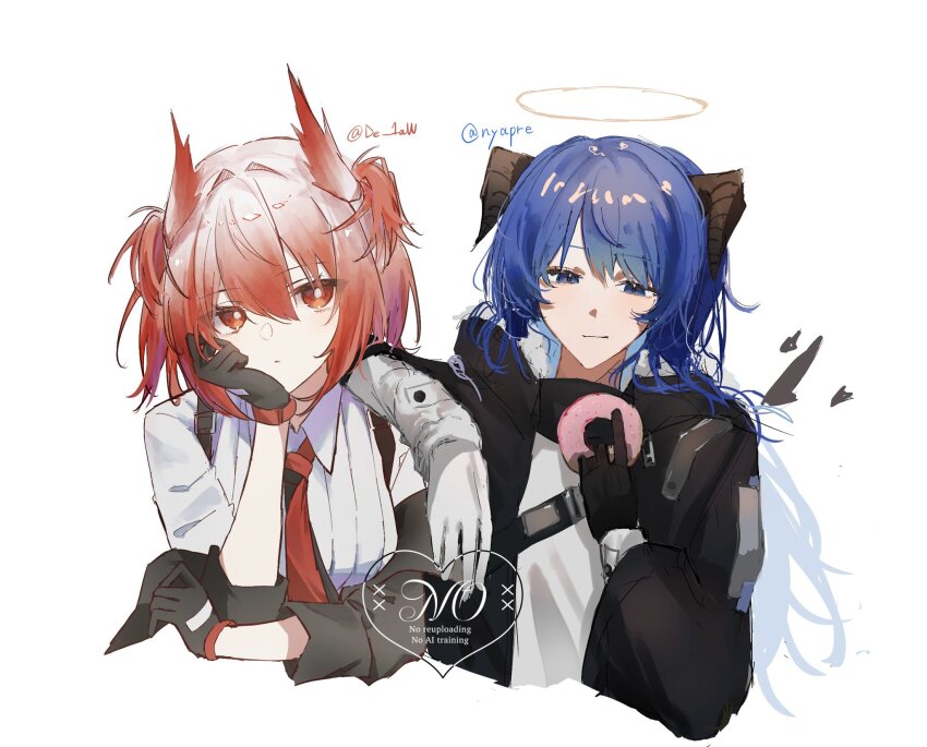 2girls, arknights, artist_collaboration, black_gloves, black_horns, black_jacket, blue_eyes, blue_hair