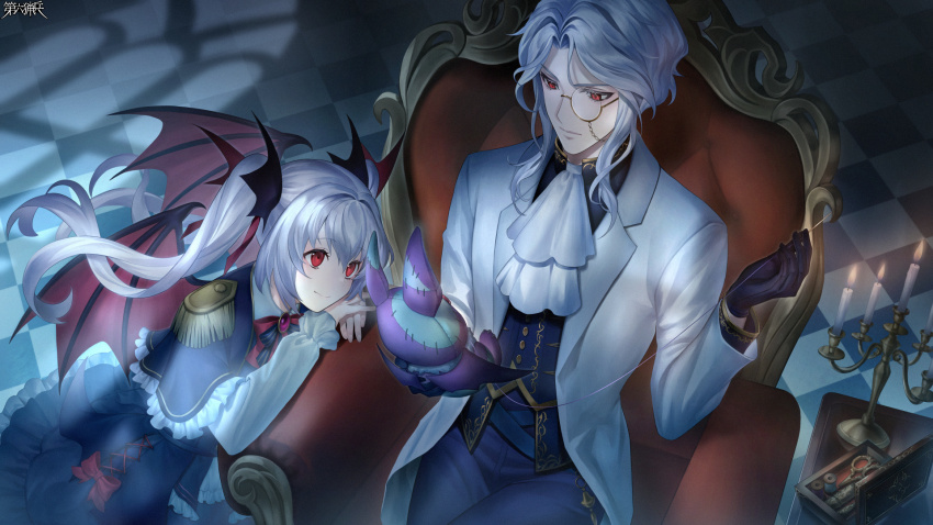 1boy, 1girl, armchair, ascot, bat_wings, black_capelet, black_gloves, black_jacket, black_pants, black_skirt, box, candelabra, candle, candlestand, capelet, chair, checkered_floor, closed_mouth, coat, collared_shirt, cowboy_shot, curtained_hair, dairoku_ryouhei, epaulettes, expressionless, frilled_sleeves, frills, gloves, gold_trim, hair_between_eyes, hair_ornament, head_on_arm, head_rest, high-waist_pants, highres, holding, holding_needle, holding_sewing_needle, holding_stuffed_toy, jacket, lapels, long_sleeves, looking_at_another, looking_at_object, monocle, neck_ribbon, needle, notched_lapels, on_floor, pants, parted_bangs, red_eyes, red_ribbon, red_wings, ribbon, scissors, sewing, sewing_kit, sewing_needle, shirt, sidelocks, sitting, skirt, smile, spool, stitching, stuffed_bat, stuffed_toy, table, tanaka_(tw), twintails, vampire, wavy_hair, white_ascot, white_coat, white_hair, white_shirt, window_shadow, wing_hair_ornament, wings