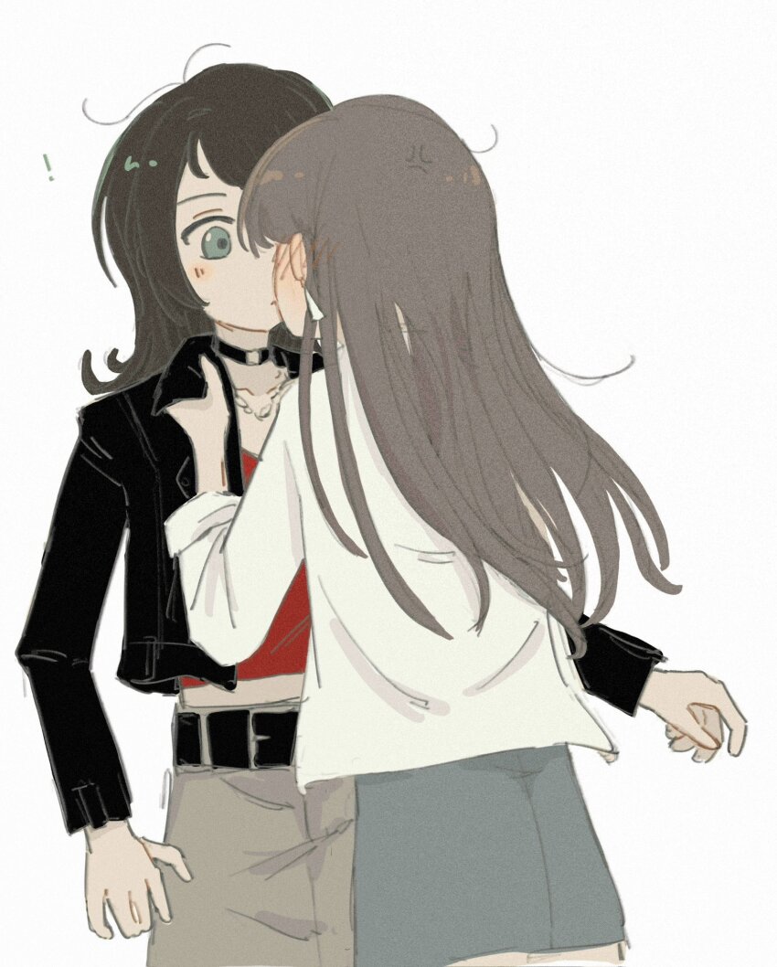 !, 2girls, anger_vein, bang_dream!, bang_dream!_it's_mygo!!!!!, belt, black_choker, black_hair, black_jacket, blue_eyes, blush, brown_hair, chain, chain_necklace, choker, commentary, ear_blush, grey_skirt, highres, jacket, jewelry, kiss, kuang_quanshui, long_hair, long_sleeves, multiple_girls, necklace, o-ring, o-ring_choker, red_shirt, shiina_taki, shirt, simple_background, skirt, white_background, white_shirt, yahata_umiri, yuri