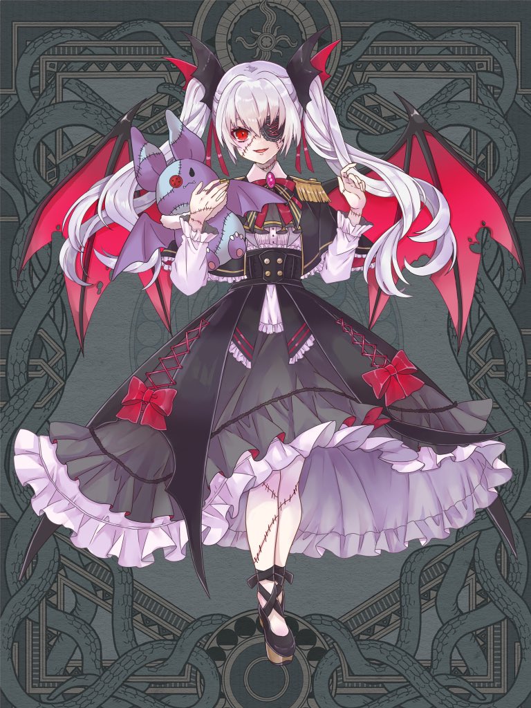1girl, :d, ankle_ribbon, ascot, bat_wings, black_ascot, black_capelet, black_ribbon