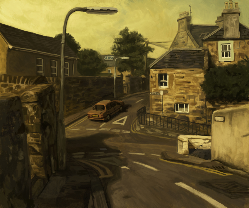 brick_wall, brown_theme, car, chimney, day, highres, house, lamppost