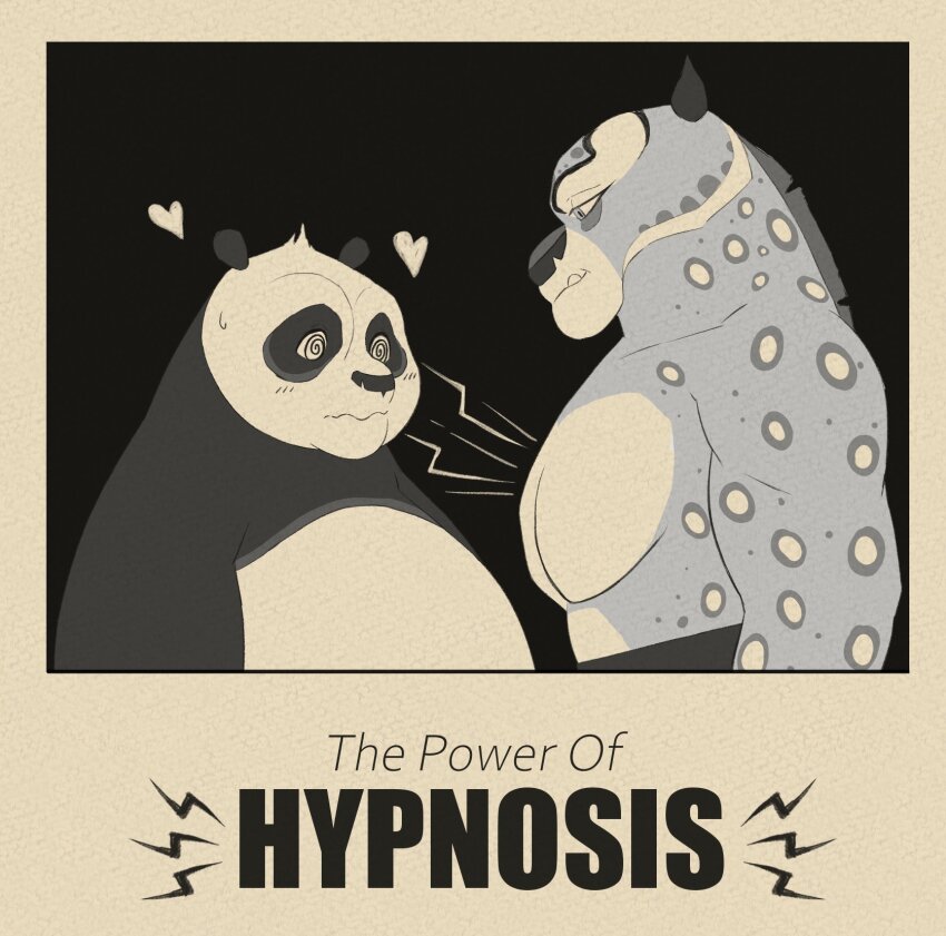 2boys, @_@, animal_ears, bara, blush, commentary, english_commentary, english_text