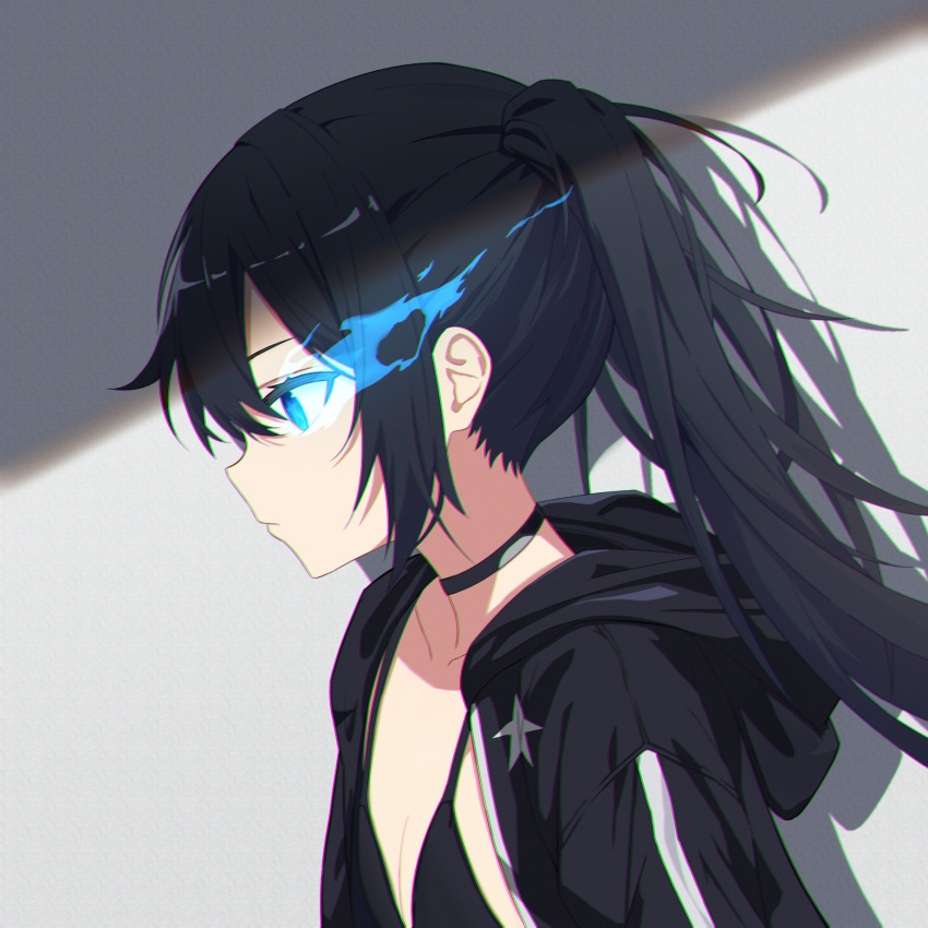 1girl, bikini, bikini_under_clothes, black_bikini, black_choker, black_hair, black_hoodie, black_jacket, black_rock_shooter, black_rock_shooter_(character), blue_eyes, blue_fire, chinese_commentary, choker, chromatic_aberration, collarbone, commentary_request, expressionless, fire, flaming_eye, flat_chest, from_side, hair_between_eyes, highres, hood, hooded_jacket, hoodie, jacket, long_hair, open_clothes, open_jacket, profile, shadow, solo, star-shaped_pupils, star_(symbol), swimsuit, symbol-shaped_pupils, twintails, upper_body, youlanling