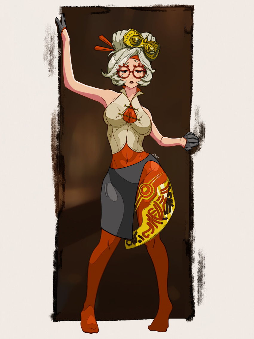 1girl, absurdres, barefoot, black_gloves, black_sash, bodysuit, breasts, cleavage, commentary, covered_navel, full_body, glasses, gloves, hair_ornament, hair_stick, headband, highres, leehzart, looking_at_viewer, mask, mask_on_head, nintendo, purah, red-framed_eyewear, red_bodysuit, red_headband, round_eyewear, sash, skin_tight, solo, standing, the_legend_of_zelda, the_legend_of_zelda:_tears_of_the_kingdom, white_hair