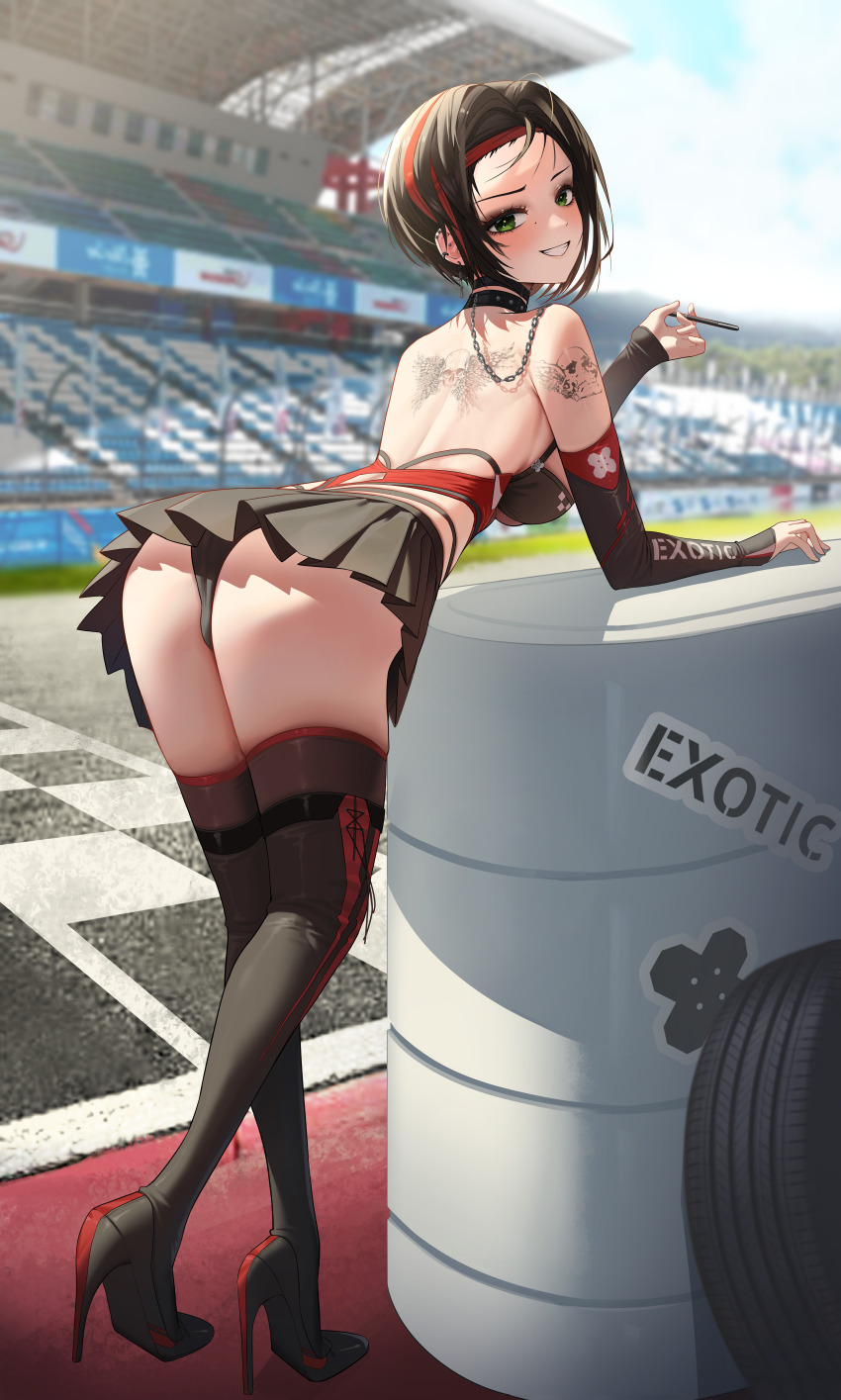 1girl, absurdres, alternate_costume, arm_warmers, ass, back_tattoo, barrel, black_arm_warmers