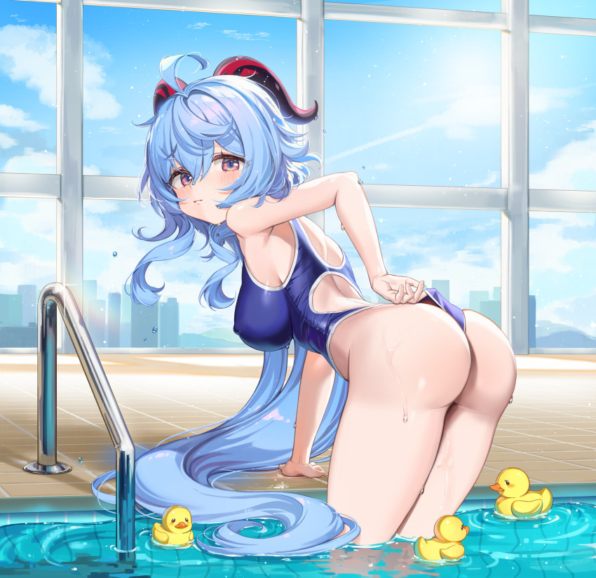 1girl, absurdres, adjusting_clothes, adjusting_swimsuit, ahoge, ass, blue_hair, blue_one-piece_swimsuit, competition_swimsuit, covered_erect_nipples, ganyu_(genshin_impact), genshin_impact, goat_horns, highres, horns, leaning_forward, long_hair, looking_at_viewer, looking_back, mika_030, one-piece_swimsuit, purple_eyes, racerback, rubber_duck, solo, standing, swimsuit, water, wedgie