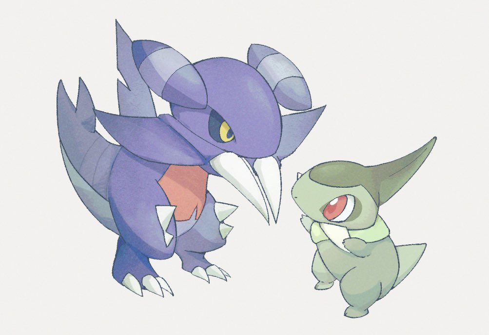 arms_up, axew, black_sclera, blue_skin, clawed_feet, claws, colored_sclera, colored_skin, eye_contact, fireblast, full_body, gabite, gen_4_pokemon, gen_5_pokemon, green_skin, horns, looking_at_another, nintendo, no_humans, pokemon, pokemon_(creature), red_eyes, simple_background, spikes, standing, tusks, white_background, yellow_eyes