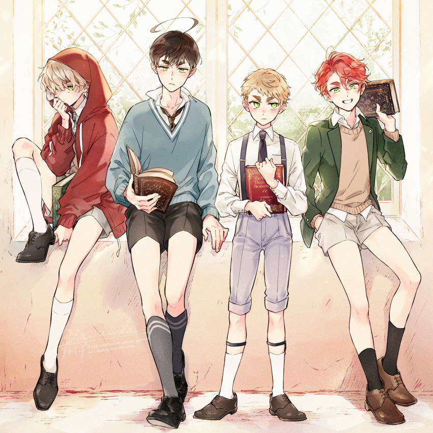 4boys, aged_down, ahoge, axis_powers_hetalia, black_hair, black_necktie, black_shoes, black_shorts