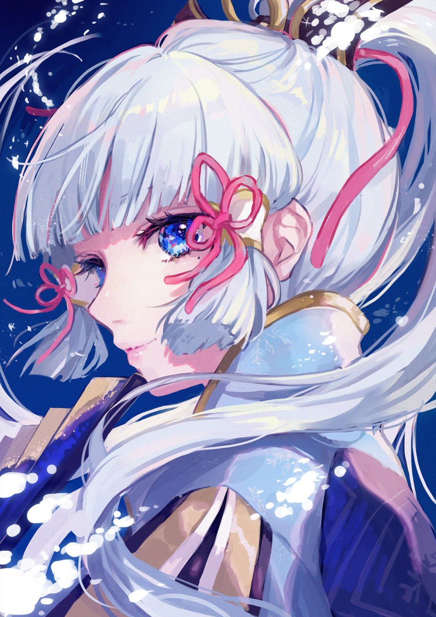 1girl, ayaka_(genshin_impact), blue_background, blue_eyes, blue_jacket, blunt_bangs, blunt_tresses, chinese_knot