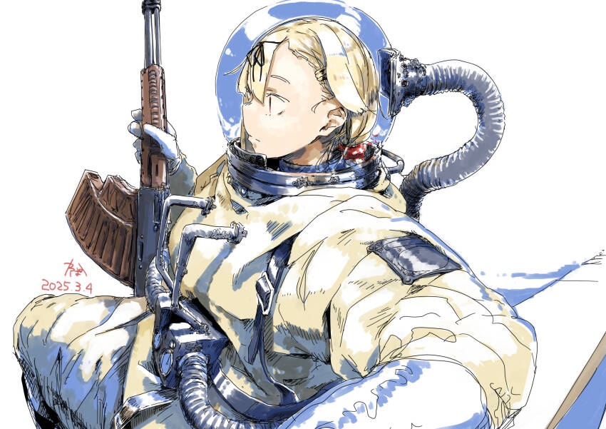 1girl, alternate_costume, aps_rifle, assault_rifle, black_ribbon, blonde_hair, closed_mouth, commentary