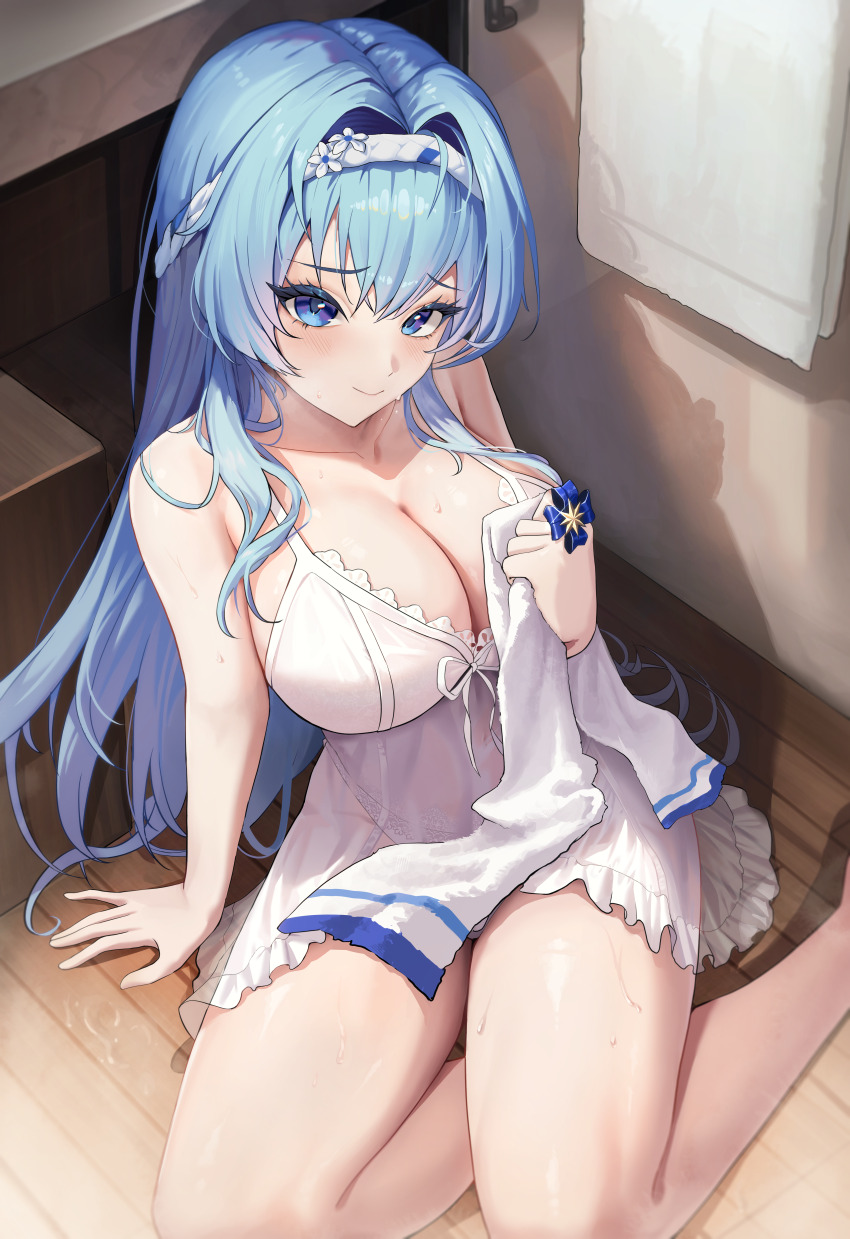 1girl, absurdres, arm_support, bare_legs, blue_eyes, blue_hair, blush, breasts
