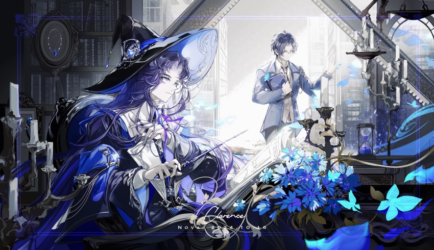 2boys, absurdres, armband, armchair, ascot, balance_scale, black_cape, black_coat