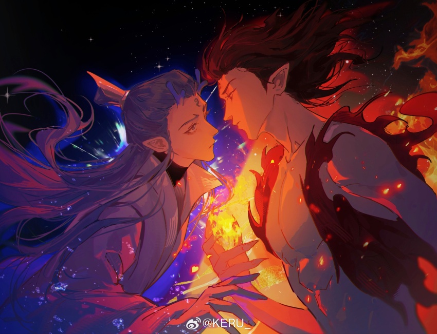 2boys, ao_bing_(nezha_zhi_motong_jiangshi), bare_pectorals, bare_shoulders, blue_eyes, blue_hair, brown_hair, chinese_clothes