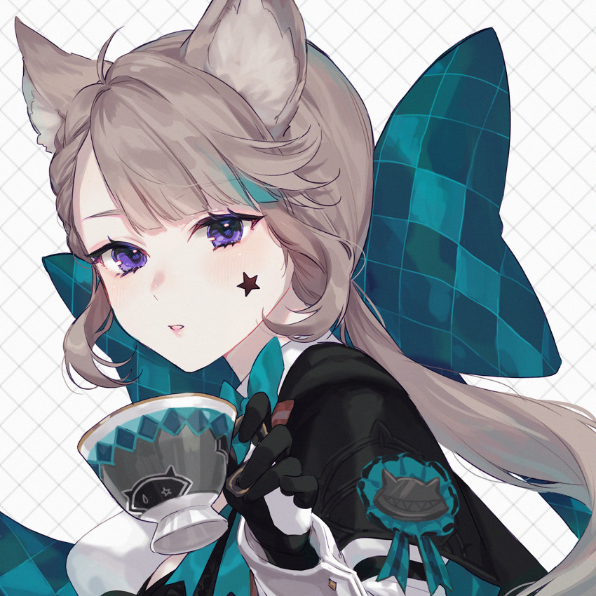 1girl, animal_ears, aqua_bow, aqua_bowtie, aqua_hair, black_gloves, blunt_bangs, bow