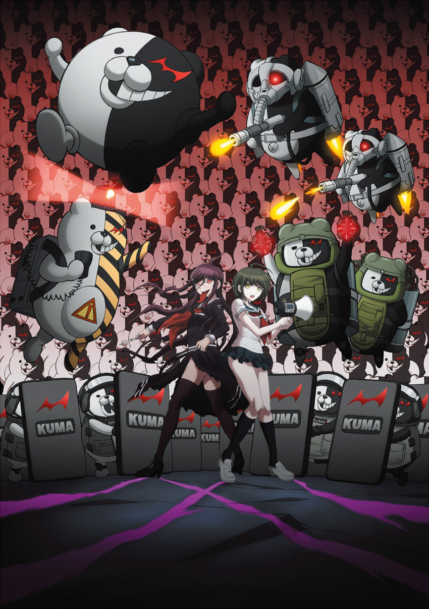 2girls, :o, ahoge, alarm_siren, artist_request, ball_monokuma, bear, black_serafuku