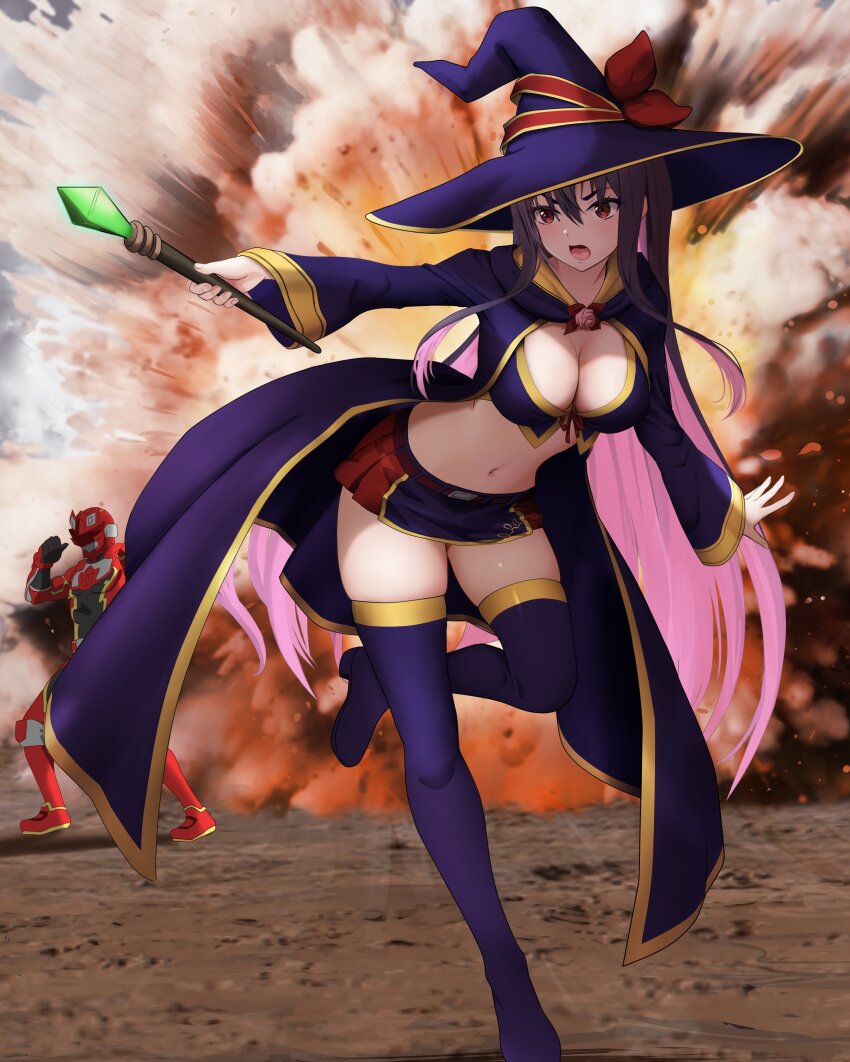 1boy, 1girl, absurdres, asagaki_togo, black_boots, black_cape, black_hat, black_skirt