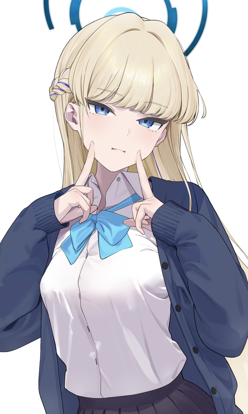 1girl, :t, absurdres, black_skirt, blonde_hair, blue_archive, blue_bow, blue_bowtie