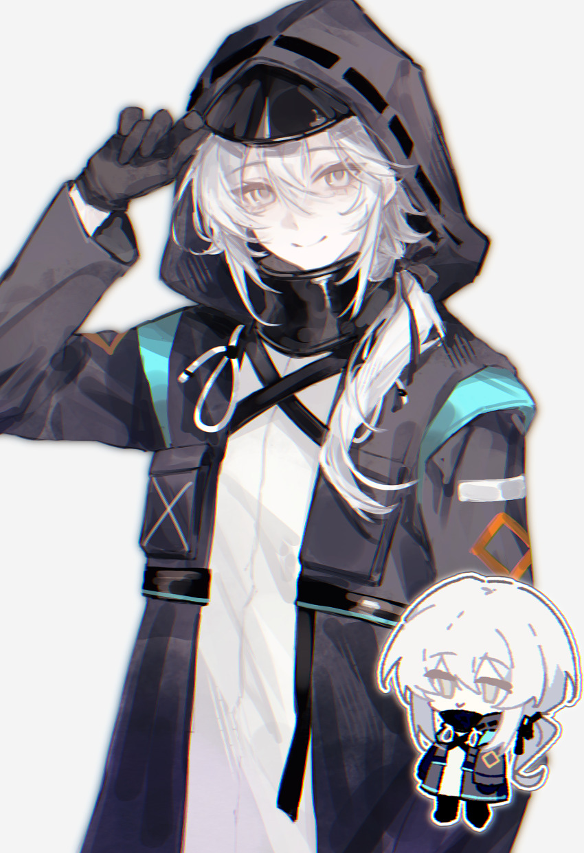 androgynous, arknights, arm_up, black_coat, black_gloves, chibi, chibi_inset, chinese_commentary