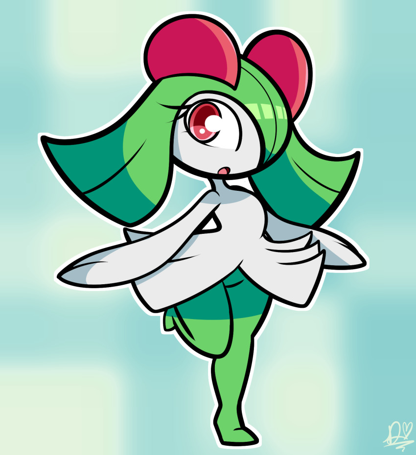 colored_skin, duckydeathly, gen_3_pokemon, green_hair, green_skin, hair_over_one_eye, highres, horns, kirlia, looking_at_viewer, multicolored_skin, nintendo, pink_eyes, pokemon, pokemon_(creature), sidelocks, signature, standing, standing_on_one_leg, two-tone_skin, white_skin