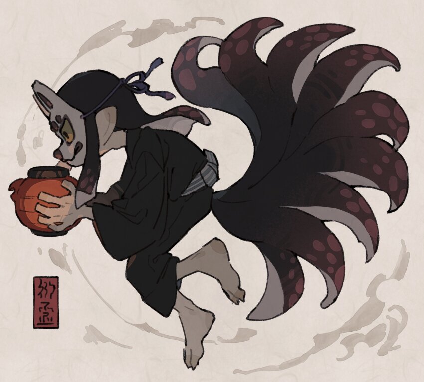 1girl, absurdres, barefoot, black_hair, blue_kimono, commentary_request, fox_mask, full_body