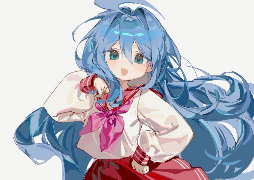 1girl, ahoge, blue_hair, f4d1a6, hair_between_eyes, highres, izumi_konata, long_hair, long_skirt, long_sleeves, looking_at_viewer, lucky_star, mole, mole_under_eye, neckerchief, open_mouth, pink_neckerchief, pleated_skirt, red_sailor_collar, sailor_collar, school_uniform, serafuku, simple_background, skirt, smile, solo, upper_body, white_background