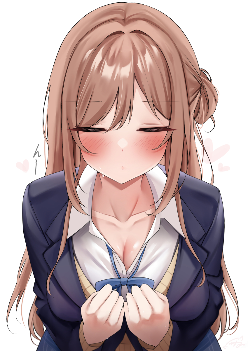1girl, aamesawaa, absurdres, blazer, blue_jacket, blush, breasts, cleavage