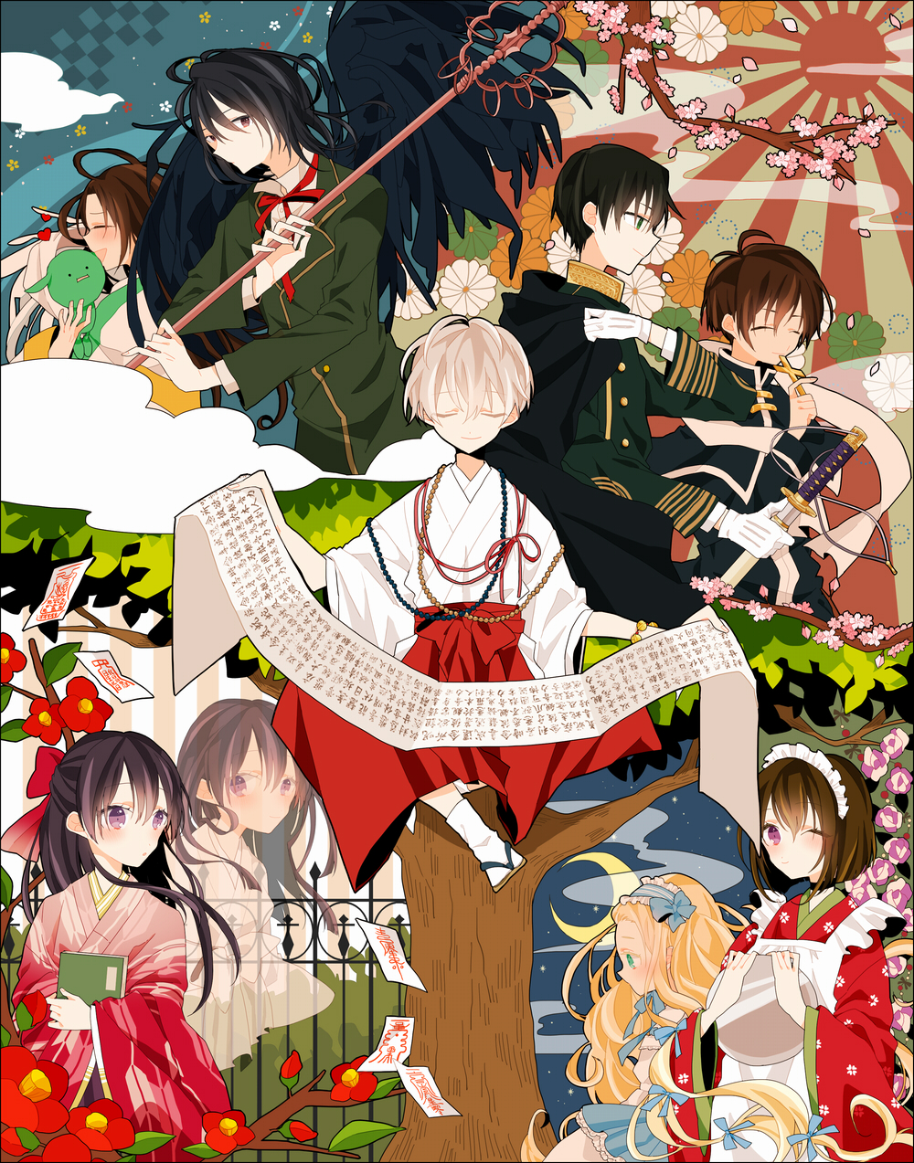 5boys, 5girls, albino, apron, beads, black_choker, black_hair, black_wings, blonde_hair, blue_ribbon, bob_cut, book, bow, branch, brother_and_sister, brown_eyes, brown_hair, cassock, cherry_blossoms, child, choker, closed_eyes, creature, cross, edwards, falling_petals, feathered_wings, flower, fuji_(tactics), gloves, hair_bow, hair_ribbon, hairband, hakama, half_updo, haruka_(tactics), heart, high_collar, highres, holding, holding_book, holding_cross, holding_polearm, holding_sword, holding_tray, holding_weapon, hugging_book, hugging_object, ichinomiya_kantarou, imperial_japanese_army, japanese_clothes, katana, kikumon, kimono, lolita_hairband, long_hair, maid, maid_headdress, military, military_uniform, minamoto_ayame, minamoto_raikou, multiple_boys, multiple_girls, muu-chan, ofuda, one_eye_closed, open_mouth, petals, pink_flower, pink_petals, polearm, prayer_beads, priest, purple_eyes, red_bow, red_flower, red_hakama, red_kimono, ribbon, rising_sun_flag, rosalie_(tactics), see-through_body, shakujou, sheath, short_hair, siblings, smile, staff, sugino_(tactics), sunburst, suzuca, sword, tabi, tactics, tengu, traditional_youkai, tray, unsheathing, wa_maid, weapon, white_apron, white_gloves, white_hair, white_wings, wings, yagasuri, youko_(tactics)