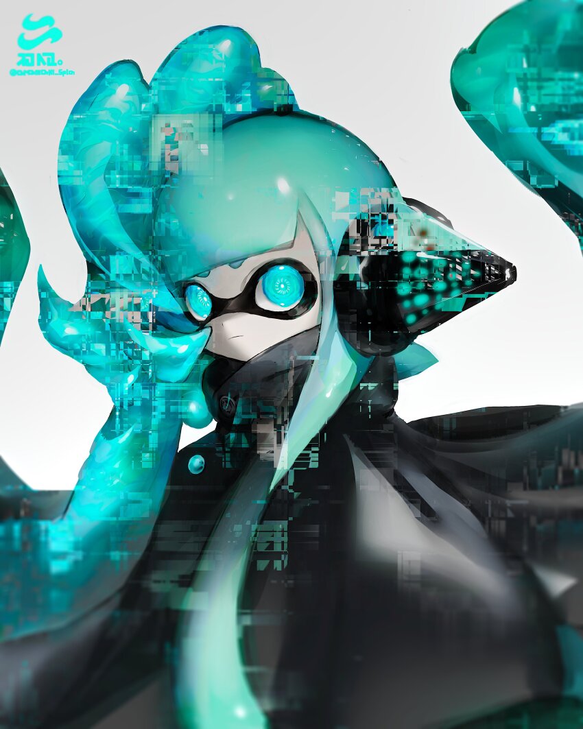 1girl, absurdres, agent_3_(splatoon), aramaki_spla, behind-the-head_headphones, black_cape, blue_eyes, blue_hair