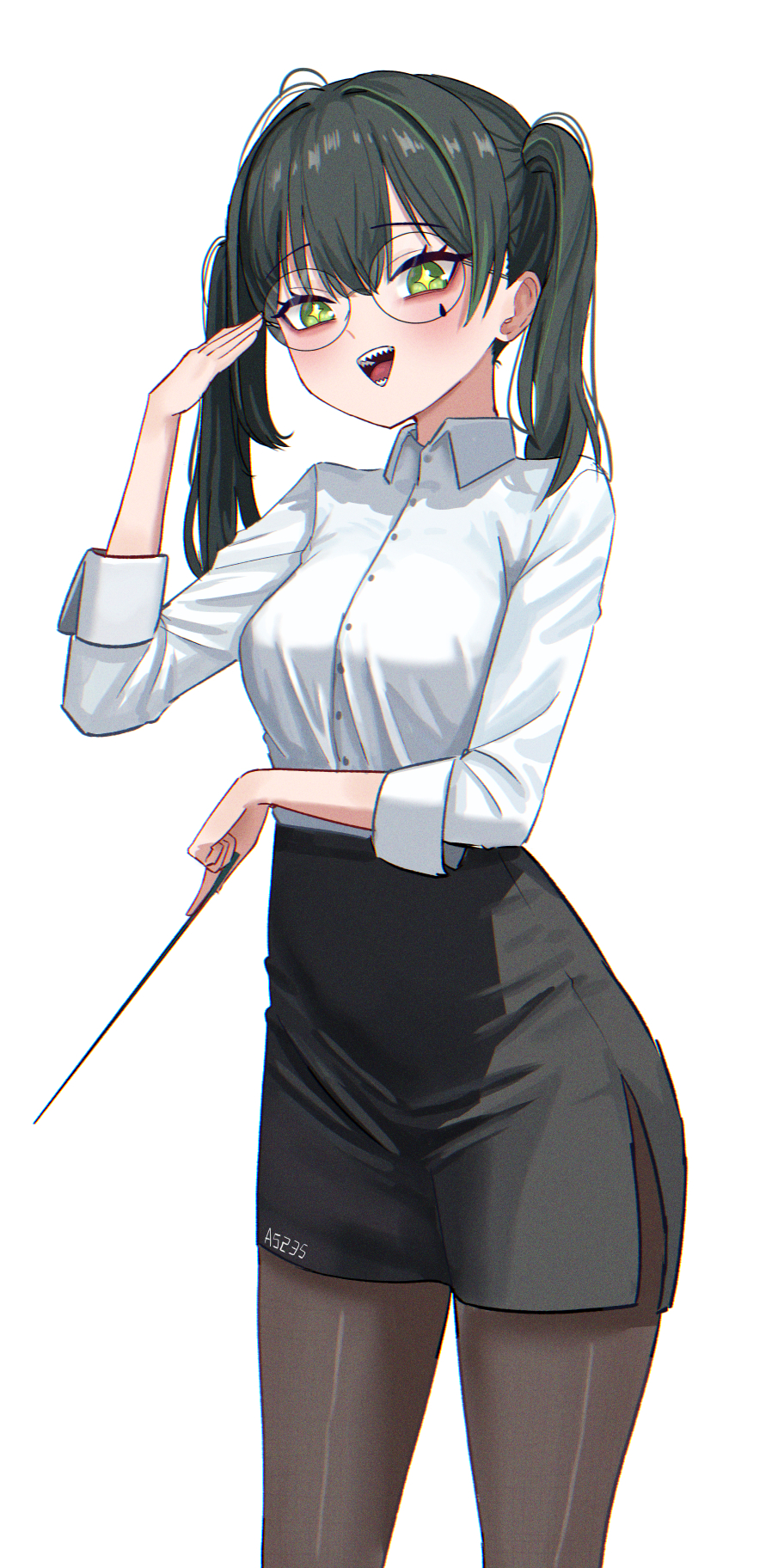 +_+, 1girl, a5235, adjusting_eyewear, artist_name, belt, black_belt, black_hair