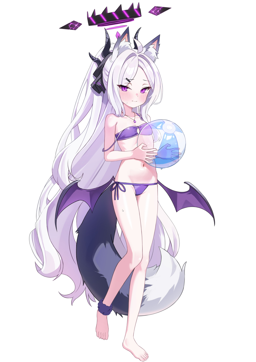1girl, absurdres, ahoge, animal_ears, ball, bikini, black_halo, blue_archive