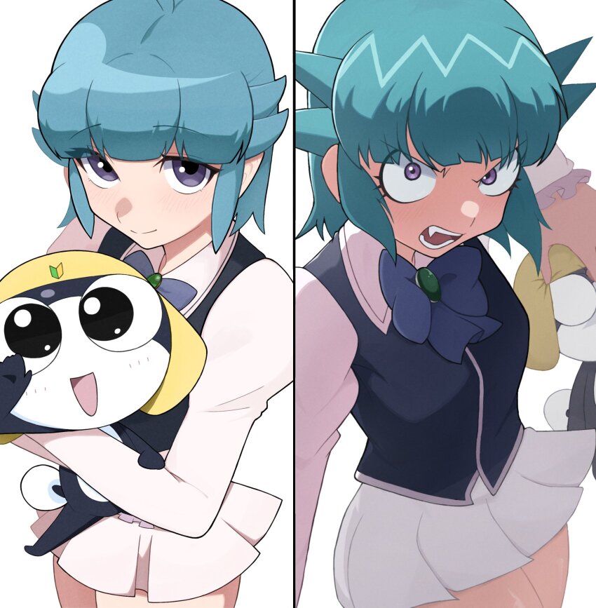 1boy, 1girl, angry, black_hair, black_skin, blue_bow, blue_hair, bow