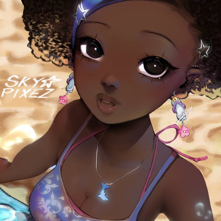 1girl, black_eyes, breasts, cleavage, dark-skinned_female, dark_skin, earrings, faycakie