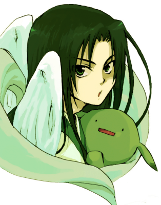 1boy, 1girl, creature, green_eyes, green_hair, husband_and_wife, japanese_clothes, long_hair