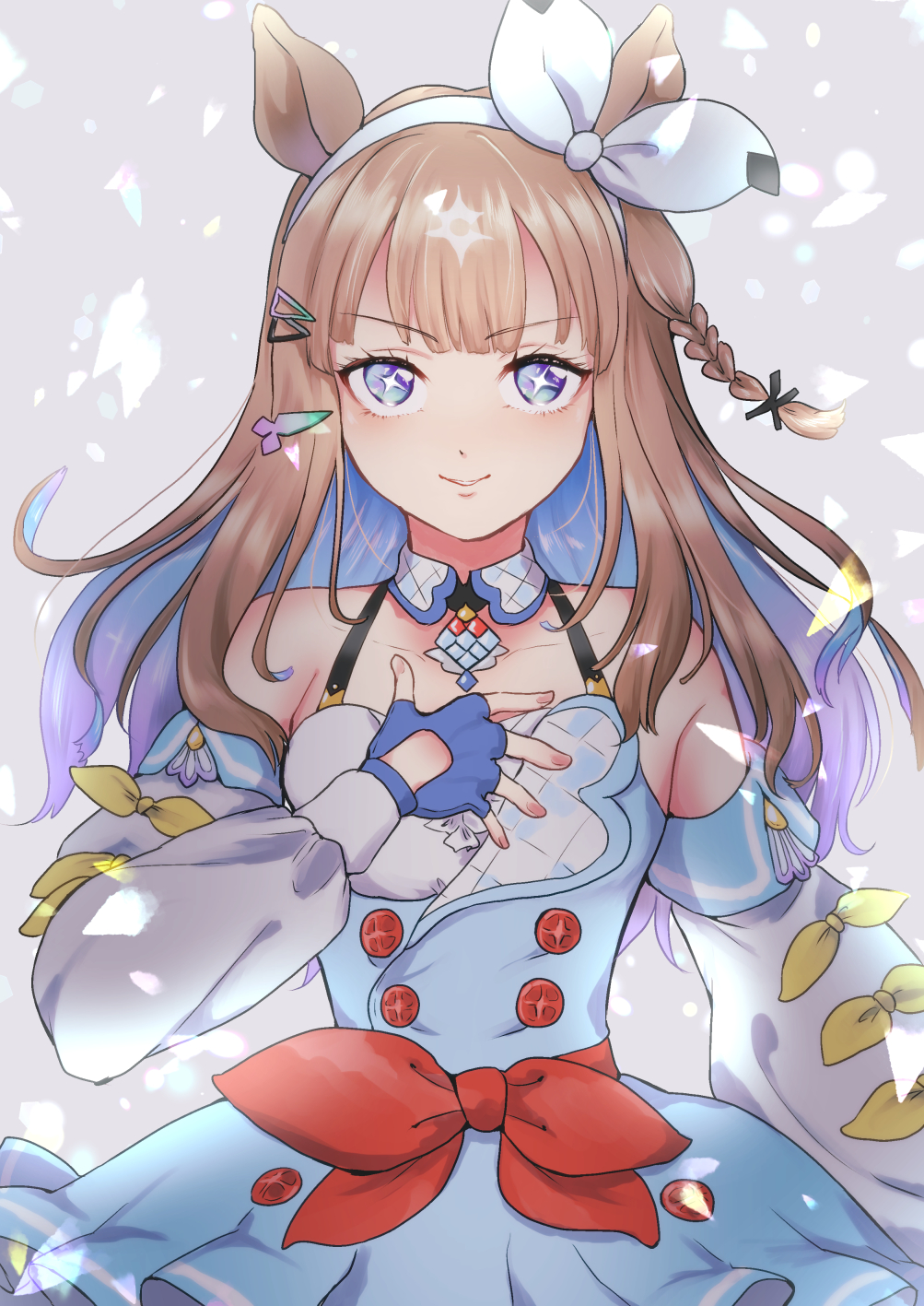 1girl, almond_eye_(the_changer)_(umamusume), almond_eye_(umamusume), animal_ears, blue_eyes, blush, braid, breasts