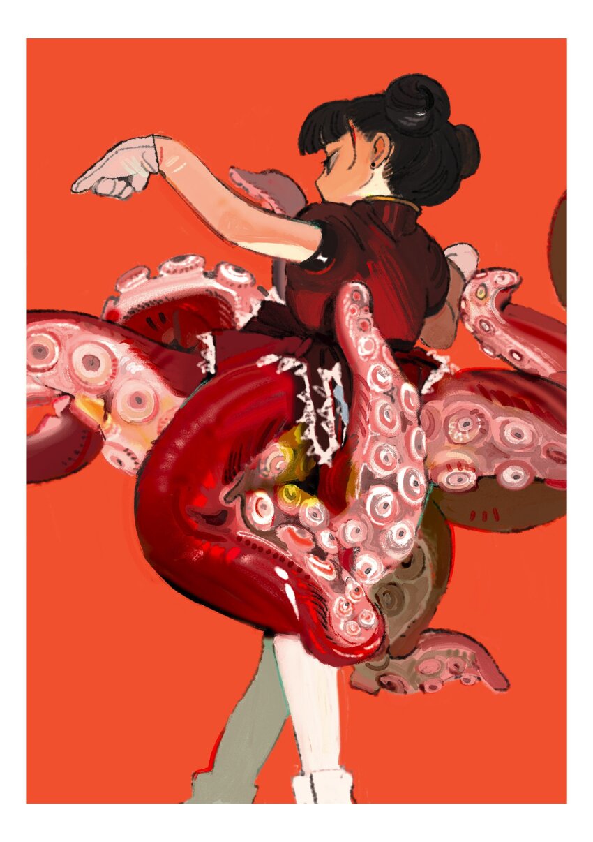 1girl, absurdres, black_hair, border, double_bun, dress, earrings, fanged_bangs