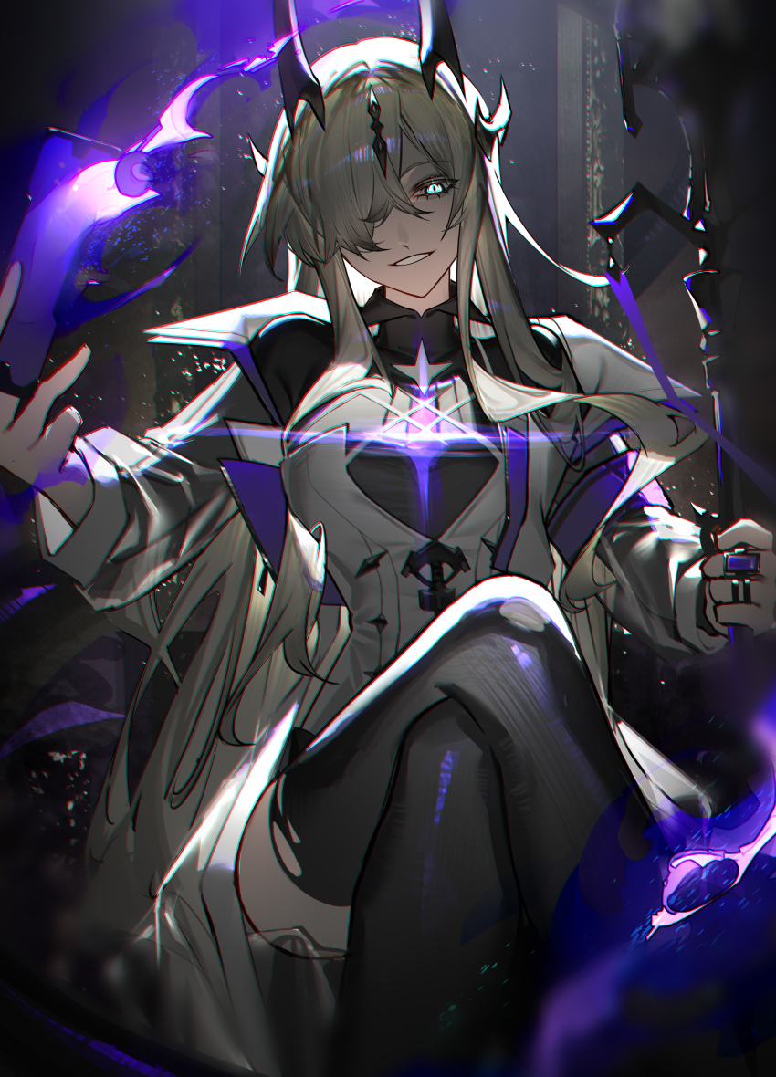 1girl, absurdres, arknights, black_shirt, black_thighhighs, blonde_hair, blue_eyes, breasts