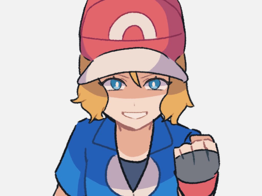 1girl, ash_ketchum_(cosplay), blonde_hair, blue_eyes, blue_jacket, bright_pupils, clenched_hand, commentary_request