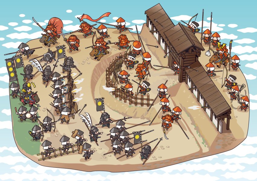 6+boys, aka-kabuto_no_gema, antique_firearm, architecture, armor, arrow_(projectile), banner, battle