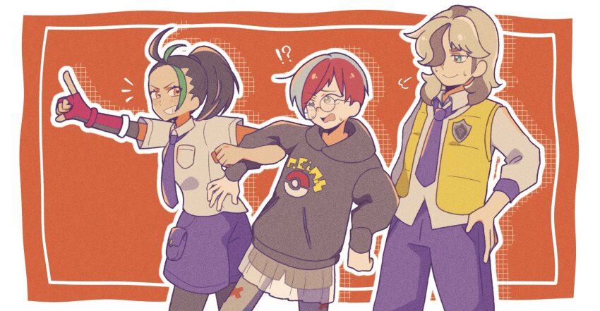!?, 1boy, 2girls, arven_(pokemon), breast_pocket, brown_hair, closed_mouth, collared_shirt, fingerless_gloves, gloves, green_eyes, green_hair, hair_over_one_eye, hand_on_own_hip, highres, hiiro99522, hood, hoodie, multicolored_hair, multiple_girls, necktie, nemona_(pokemon), nintendo, open_clothes, open_vest, outline, pants, pantyhose, penny_(pokemon), pocket, pointing, poke_ball_print, pokemon, pokemon_scarlet_and_violet, ponytail, purple_necktie, purple_pants, purple_shorts, red_hair, school_uniform, see-through_clothes, see-through_skirt, shirt, shorts, shorts_under_skirt, single_glove, skirt, smile, two-tone_hair, vest, yellow_vest